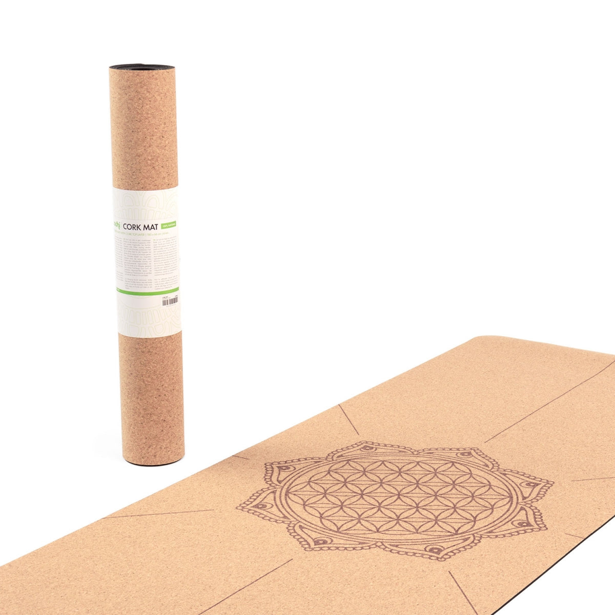 Cork Yoga Mat - Flower of Life design - Natural Rubber underside - 4mm Thick