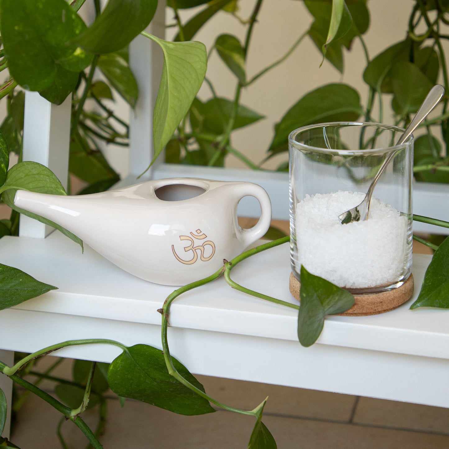 TEACHER PACK of 10 | Nasal Neti Pot with OM Pattern | Cream Ceramic Neti Pot