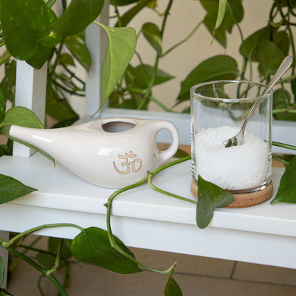 TEACHER PACK of 10 | Nasal Neti Pot with OM Pattern | Cream Ceramic Neti Pot