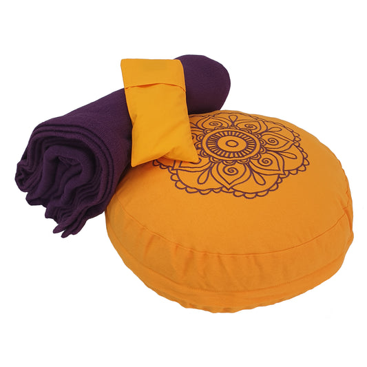 Meditation Kit with Buckwheat Round Zafu Cushion - Flower Design