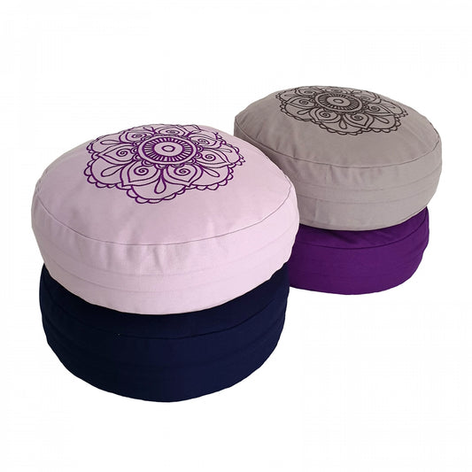 TEACHER PACK of 4 | Buckwheat Round Meditation Zafu Cushion | Embroidered Flower Pattern | 2nd Ed