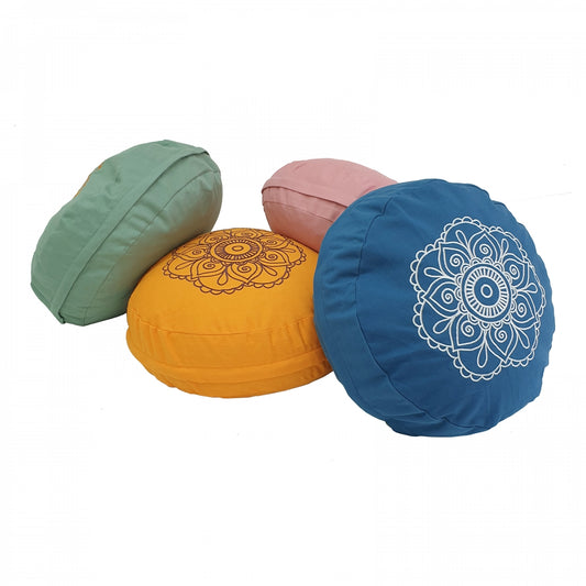 Buckwheat Round Meditation Zafu Cushion | Embroidered Flower Pattern