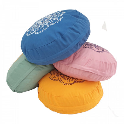 Buckwheat Round Meditation Zafu Cushion | Embroidered Flower Pattern | 2nd Ed