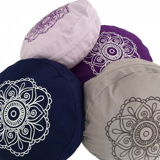 Buckwheat Round Meditation Zafu Cushion | Embroidered Flower Pattern | 2nd Ed