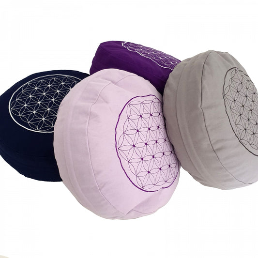 Buckwheat Round Meditation Zafu Cushion | Embroidered Flower of Life Pattern | 2nd Ed