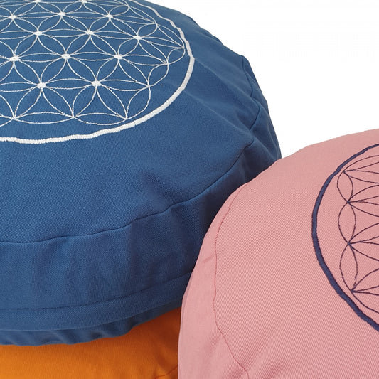 Buckwheat Round Meditation Zafu Cushion | Embroidered Flower of Life Pattern