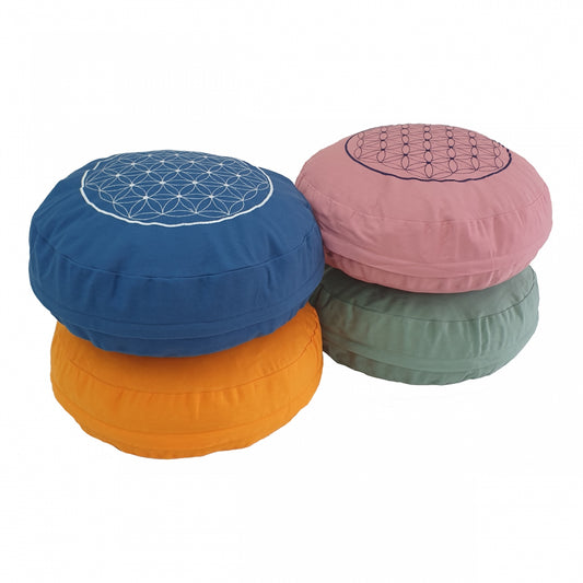 TEACHER PACK of 4 | Buckwheat Round Meditation Zafu Cushions | Embroidered Flower of Life Pattern